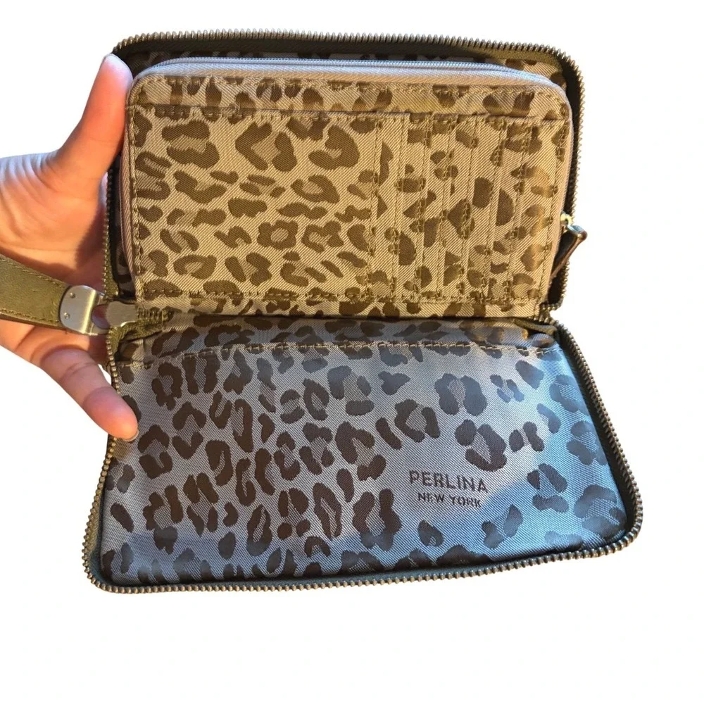 Perlina New York Olive Green Quilted Leather Zip Around Wallet Leopard‎ Lining